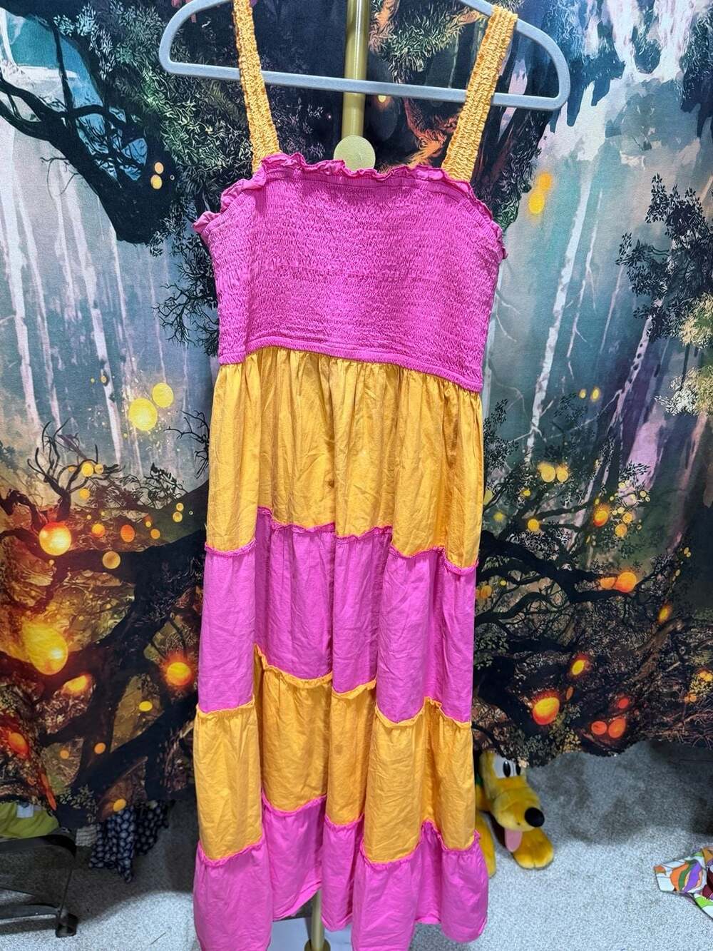 J Gee Maxi Dress Size XL Pink Yellow Tiered Color Block Smocked